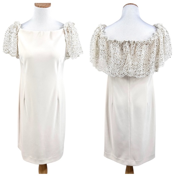 Joseph Ribkoff Off-Shoulder Lace Sleeve Sheath Dress Cream SZ 10 - Picture 14 of 16